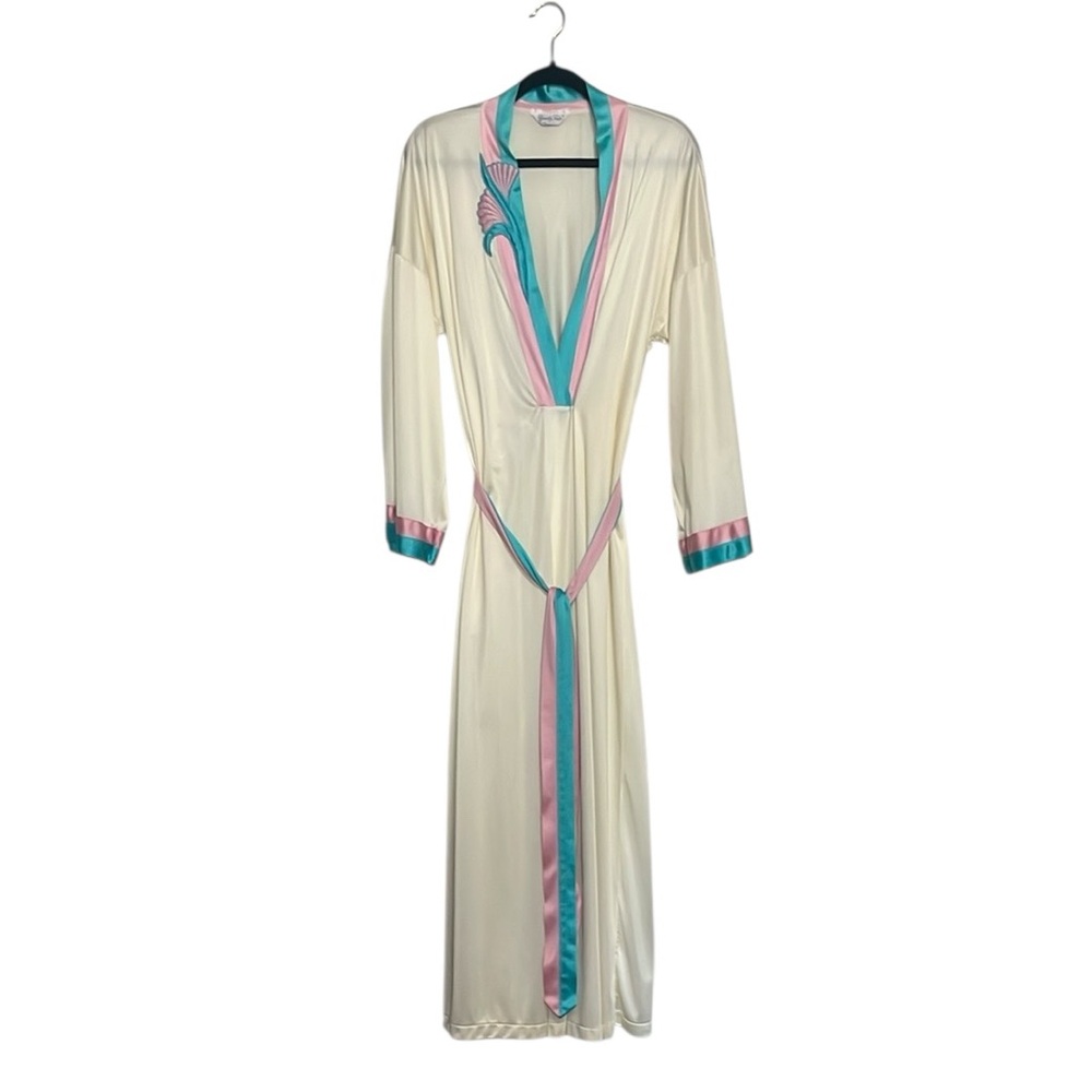 Vintage Vanity Fair Cream and Blue Pink Embroidered Shell Satin Robe 70s Retro